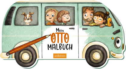 Zu sehen ist die 3D-Ansicht des Titels. Das Buchcover zeigt einen stilisierten, mintgrünen Camping-Bus mit fröhlichen, gezeichneten Charakteren, die durch die Fenster schauen. Zwei Eltern, zwei Kinder und ein Hund sind sichtbar. Der Titel „Mein OTTO MALBUCH“ ist in großen, schwarzen und orangenen Buchstaben prominent platziert. Unten mittig befindet sich der Schriftzug von arsEdition. Ein orangener Stift malt das Wort „Otto“ aus und unterstreicht somit den Nutzen des Buches.
