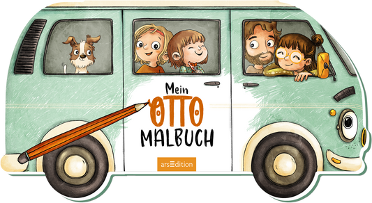 Zu sehen ist die 3D-Ansicht des Titels. Das Buchcover zeigt einen stilisierten, mintgrünen Camping-Bus mit fröhlichen, gezeichneten Charakteren, die durch die Fenster schauen. Zwei Eltern, zwei Kinder und ein Hund sind sichtbar. Der Titel „Mein OTTO MALBUCH“ ist in großen, schwarzen und orangenen Buchstaben prominent platziert. Unten mittig befindet sich der Schriftzug von arsEdition. Ein orangener Stift malt das Wort „Otto“ aus und unterstreicht somit den Nutzen des Buches.