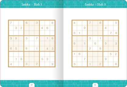 Gezeigt wird eine Innen- oder Zusatzansicht von „Kleine Auszeit – Sudoku“. Die Doppelseite zeigt zwei Sudoku-Rätsel jeweils auf einem weißen Hintergrund mit beige-umrahmten Kästchen. Oben sind die Titel „Sudoku – Stufe 3“ in hellblauer, verspielter Typografie platziert. Die Kästchen sind klar strukturiert, und die Zahlen sind deutlich lesbar. Der Hintergrund ist in einem sanften, mintgrünen Farbton gehalten, der eine entspannte Atmosphäre vermittelt.