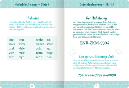 Gezeigt wird eine Innen- oder Zusatzansicht von „Kleine Auszeit – Gedächtnistraining“. Die Seiten sind hell gestaltet mit einem sanften, mintgrünen Hintergrund. Auf der linken Seite befindet sich eine Tabelle mit Zahlen von 1 bis 10 in einer klaren Schriftart, begleitet von den entsprechenden afrikanischen Begriffen. Auf der rechten Seite steht ein Textabschnitt mit dem Titel „Der Unfallezeuge“, geschrieben in einer eleganten, kursiven Schrift. Die Layout-Elemente sind...
