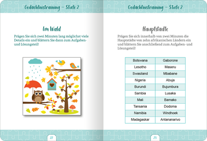 Gezeigt wird eine Innen- oder Zusatzansicht von „Kleine Auszeit – Gedächtnistraining“. Auf der linken Seite befindet sich eine farbenfrohe Illustration eines Waldes mit einem Eulenmotiv, umgeben von Bäumen, bunten Blättern und Vögeln. Die Seite ist in sanften Grüntönen gehalten. Rechts sind Tabellen mit den Namen afrikanischer Länder und deren Hauptstädte in klarer, gut lesbare Typografie auf hellem Hintergrund angeordnet. Die Überschriften sind in einer verspielten Schriftart...