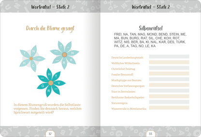 Gezeigt wird eine Innen- oder Zusatzansicht von „Kleine Auszeit – Worträtsel“. Die Doppelseite enthält auf der linken Seite ein blühendes, stilisiertes Blumenmotiv in sanften, blau-grünen Tönen, mit grauen Buchstaben als Selbstlauten. Auf der rechten Seite findet sich ein Rätsel mit strukturierten, beige Hintergrund und verschiedenen Lösungsmöglichkeiten in klarer, gut lesbarer Typografie. Alle Elemente sind ansprechend angeordnet, um eine übersichtliche Benutzererfahrung zu...