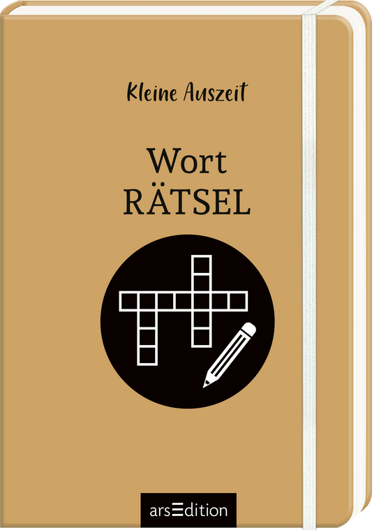 Das Buchcover zeigt einen hellbraunen Hintergrund. Oben mittig steht in geschwungener Schrift „Kleine Auszeit“. Darunter prangt der Titel „Wort RÄTSEL“ in großen, klaren Buchstaben. In der Mitte des Covers befindet sich ein schwarzes, kreisförmiges Symbol mit einem Kreuzworträtsel und einem Bleistift. Das Cover strahlt eine ansprechende, einladende Atmosphäre aus. Ganz unten mittig steht der Logoschriftzug von arsEdition.