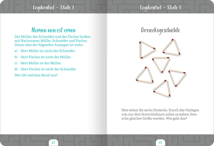 Gezeigt wird eine Innenansicht von „Kleine Auszeit – Logikrätsel“. Die Seite besteht aus zwei grafisch gestalteten Teilen, die in sanften Farbtönen gehalten sind. Links steht eine Aufgabenstellung in schwarzer Schrift, teilweise akzentuiert durch türkisfarbene Schriftzüge. Rechts sind sechs geometrische Dreiecke dargestellt, umgeben von roten Punkten. Die beigelegte Erklärung zu den Aufgaben ist in klarer, gut lesbarer Schrift formuliert und unterstützt das visuelle Verständnis der...