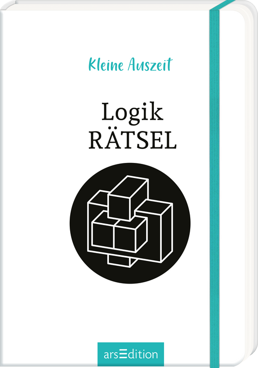 Das Buchcover zeigt auf weißem Hintergrund das Titelthema „Logik RÄTSEL“ in schwarzer, kräftiger Schrift. Darüber steht in einer zarten türkisfarbenen Schrift „Kleine Auszeit“. Im Zentrum des Covers befindet sich eine grafische Darstellung von ineinandergeschachtelten und überlappenden Würfeln in Schwarz, was die logische Denkweise symbolisiert. Der Gesamteindruck ist modern und ansprechend. Ganz unten mittig steht der Logoschriftzug von arsEdition.