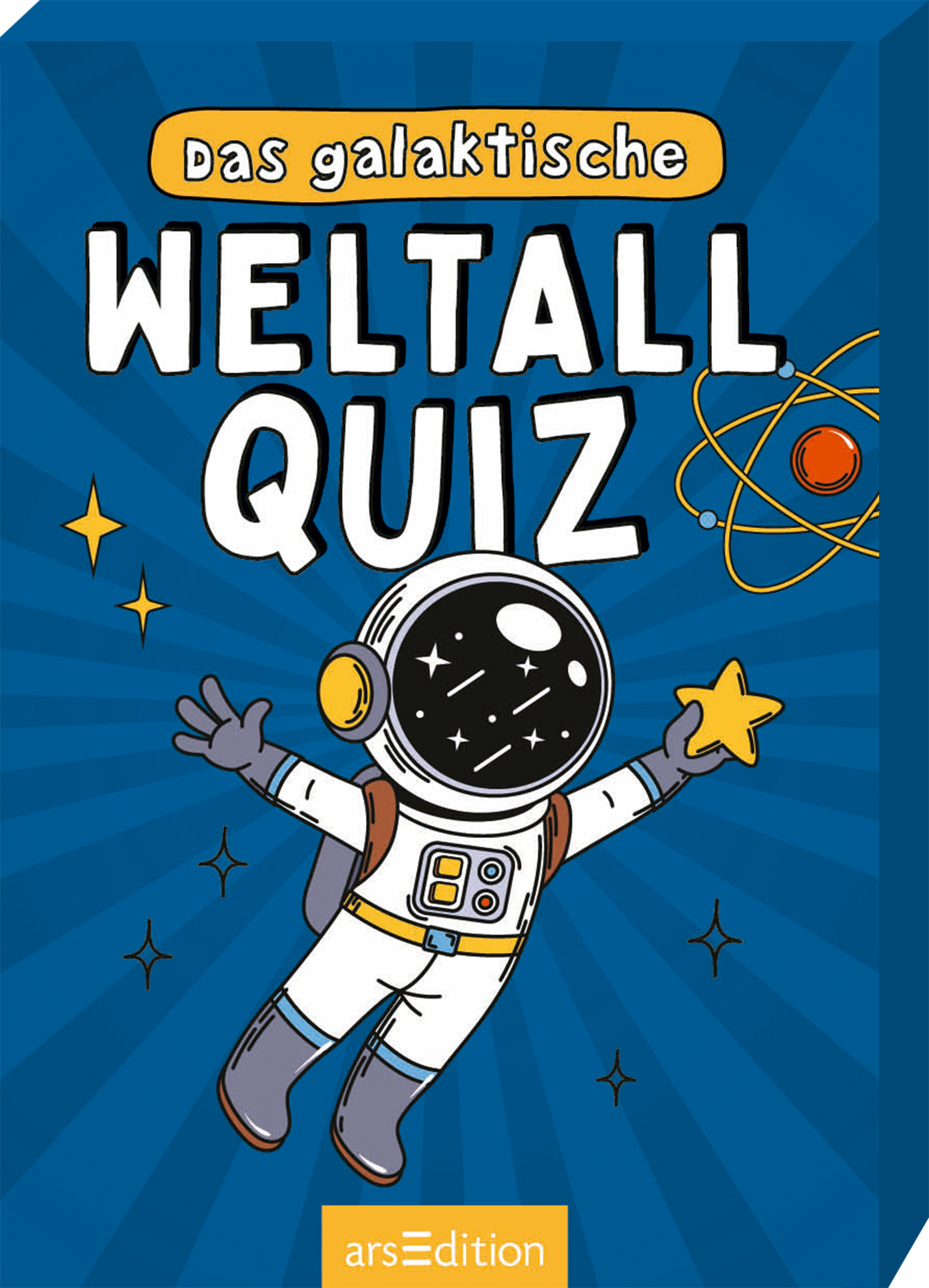 Das Buchcover zeigt einen Astronauten, der fröhlich im Weltraum schwebt und einen goldenen Stern hält. Der Hintergrund ist in einem lebhaften Blau mit streifenförmigen Diagrammen gestaltet, die eine dynamische Atmosphäre erzeugen. Oben steht in großen, weißen Buchstaben „Das galaktische“ und darunter in noch größeren, fettgedruckten Buchstaben „WELTALL QUIZ“. Ganz unten mittig steht der Logoschriftzug von arsEdition.