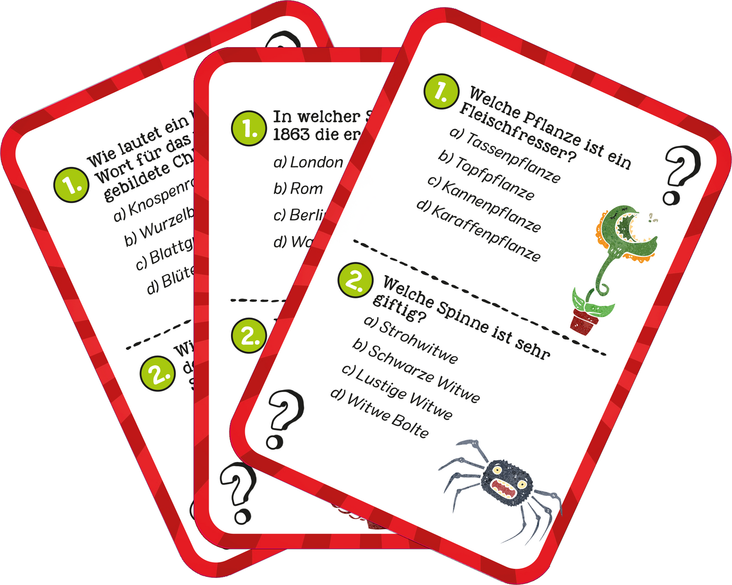 Gezeigt wird eine Innen- oder Zusatzansicht von „Das ultimative Wissens-Quiz“. Die Abbildung zeigt mehrere Quizkarten, die an den Ecken abgerundet sind und einen roten Rahmen haben. Auf den Karten stehen Fragen in blauer Schrift, gefolgt von Antwortmöglichkeiten in schwarzer Schrift. Zu sehen sind Illustrationen, wie eine Pflanzenzeichnung und eine Spinnenzeichnung, die farbenfroh gestaltet sind. Hintergrundfarbe der Karten ist weiß, was die Lesbarkeit unterstützt.