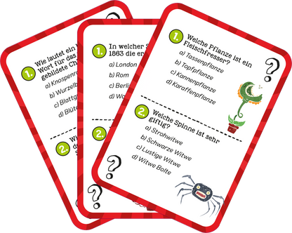 Gezeigt wird eine Innen- oder Zusatzansicht von „Das ultimative Wissens-Quiz“. Die Abbildung zeigt mehrere Quizkarten, die an den Ecken abgerundet sind und einen roten Rahmen haben. Auf den Karten stehen Fragen in blauer Schrift, gefolgt von Antwortmöglichkeiten in schwarzer Schrift. Zu sehen sind Illustrationen, wie eine Pflanzenzeichnung und eine Spinnenzeichnung, die farbenfroh gestaltet sind. Hintergrundfarbe der Karten ist weiß, was die Lesbarkeit unterstützt.