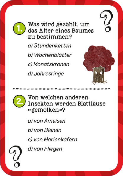 Gezeigt wird eine Innen- oder Zusatzansicht von „Das ultimative Wissens-Quiz“. Die Ansicht enthält zwei Fragen mit jeweils vier Antwortmöglichkeiten, die in einer ansprechenden, bunten Typografie präsentiert werden. Die Fragen sind in dunklem Text auf hellen Hintergründen gesetzt, um die Lesbarkeit zu fördern. Dezente grafische Elemente, wie eine farbige Wolke und ein kleines Insekt, ergänzen das Design und sorgen für visuelles Interesse. Der Hintergrund ist rot gestreift, was das...