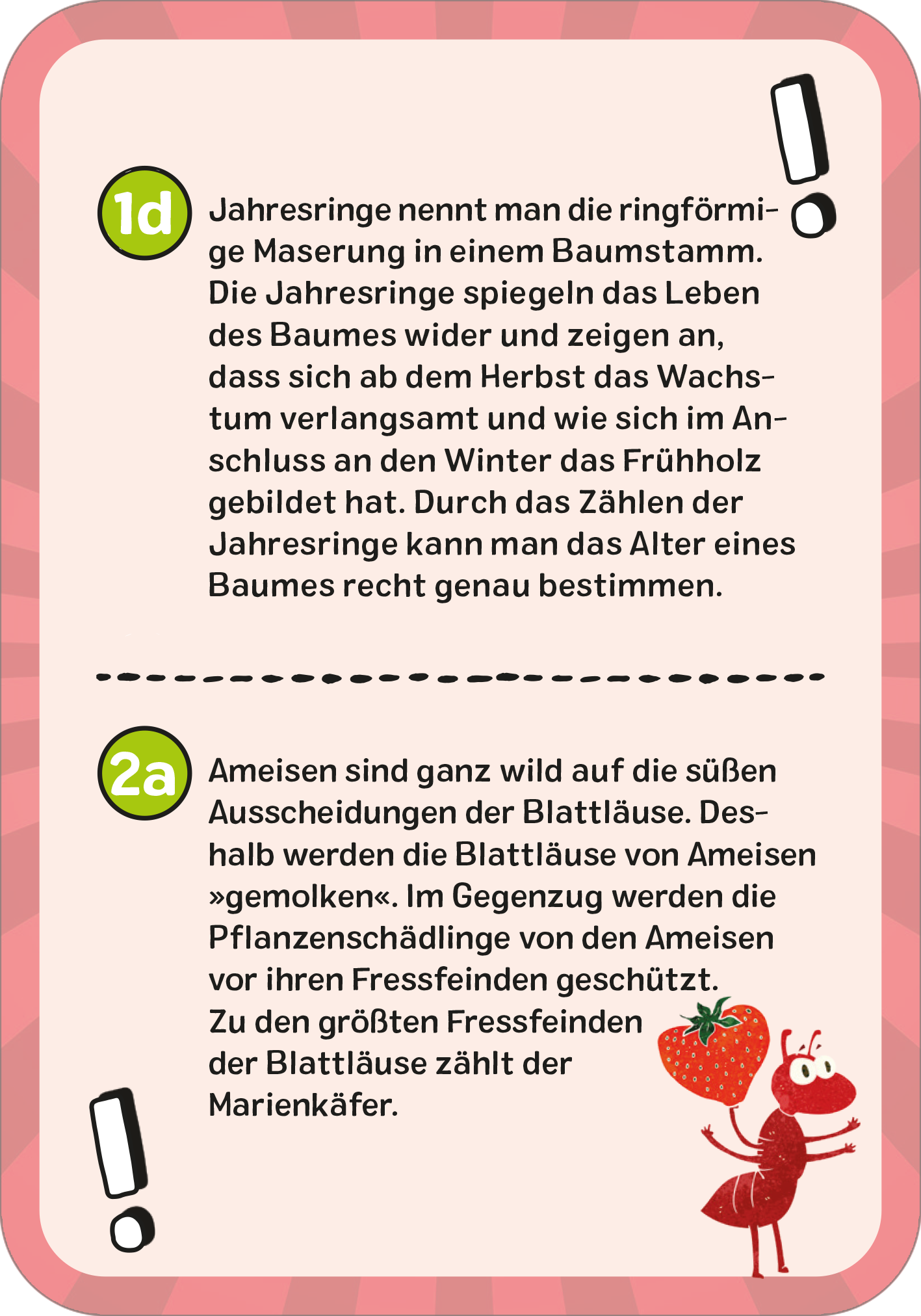 Gezeigt wird eine Innen- oder Zusatzansicht von „Das ultimative Wissens-Quiz“. Die Seite hat einen rosa Hintergrund mit einer gepunkteten Umrandung. In der Mitte stehen zwei Fragen, die in einem gut lesbaren, modernen Schriftstil dargestellt sind. Die Fragen sind nummeriert und stehen in weißen Kästen, die von gelben Ausrufezeichen flankiert werden. Am unteren Rand ist eine attraktive Illustration einer Ameise und einer Erdbeere zu sehen, die das kindgerechte Design unterstreicht.