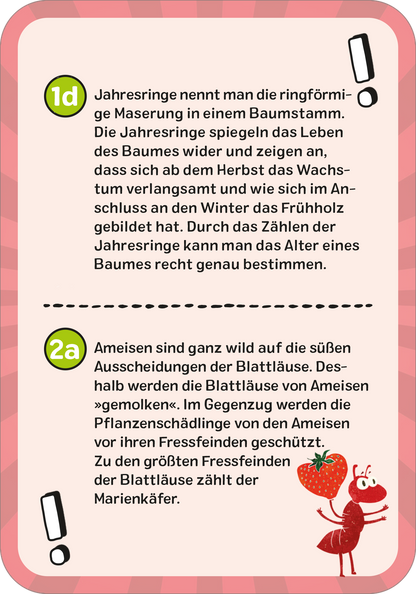 Gezeigt wird eine Innen- oder Zusatzansicht von „Das ultimative Wissens-Quiz“. Die Seite hat einen rosa Hintergrund mit einer gepunkteten Umrandung. In der Mitte stehen zwei Fragen, die in einem gut lesbaren, modernen Schriftstil dargestellt sind. Die Fragen sind nummeriert und stehen in weißen Kästen, die von gelben Ausrufezeichen flankiert werden. Am unteren Rand ist eine attraktive Illustration einer Ameise und einer Erdbeere zu sehen, die das kindgerechte Design unterstreicht.