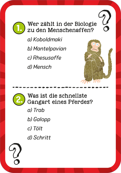 Gezeigt wird eine Innen- oder Zusatzansicht von „Das ultimative Wissens-Quiz“. Auf einem bunten, rot gestreiften Hintergrund sind zwei Fragen mit jeweils mehreren Antwortmöglichkeiten abgebildet. Die erste Frage handelt von Menschenaffen und zeigt eine illustrativ gestaltete Figur eines Rhesusaffen. Die zweite Frage bezieht sich auf die Gangarten eines Pferdes. Die Typografie ist klar und gut lesbar, mit großen grünen Kreisen für die Antworten a, b, c und d sowie einer...