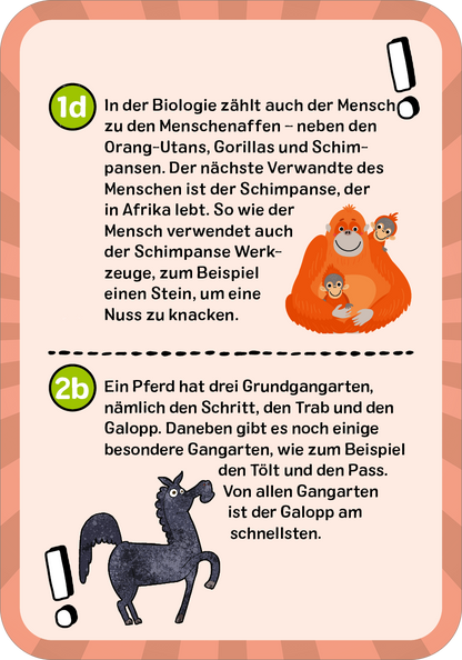 Gezeigt wird eine Innen- oder Zusatzansicht von „Das ultimative Wissens-Quiz“. Die Seite enthält zwei Fragen, die in Kästchen angeordnet sind. Die Farben sind überwiegend sanft, mit einem hellen Hintergrund und bunten Akzenten. Die Typografie ist klar und gut lesbar, mit großen, abgerundeten Zahlen zu Beginn jeder Frage. Illustrationen zeigen einen Orang-Utan mit zwei kleinen Affen und ein stilisiertes Pferd, die zur anschaulichen Unterstützung der Inhalte dienen.