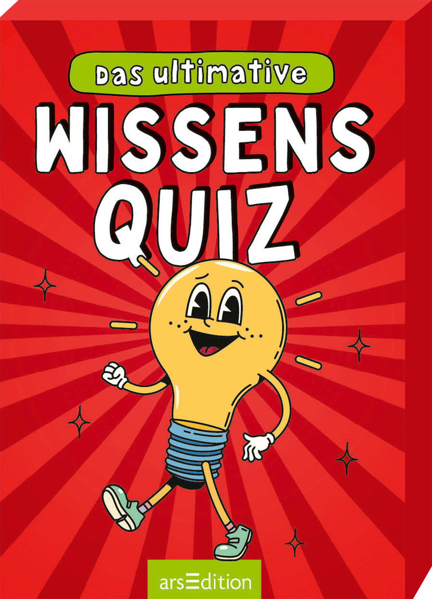 Das Cover zeigt eine fröhliche Glühbirne mit einem breiten Lächeln und einer blauen Schraube, die auf rotem, strahlenförmigem Hintergrund steht. Der Titel „das ultimative WISSENS QUIZ“ ist in großen, weißen Buchstaben oben auf dem Cover platziert. Die Atmosphäre ist verspielt und einladend, ideal für ein Quizbuch. Ganz unten mittig steht der Logoschriftzug von arsEdition.