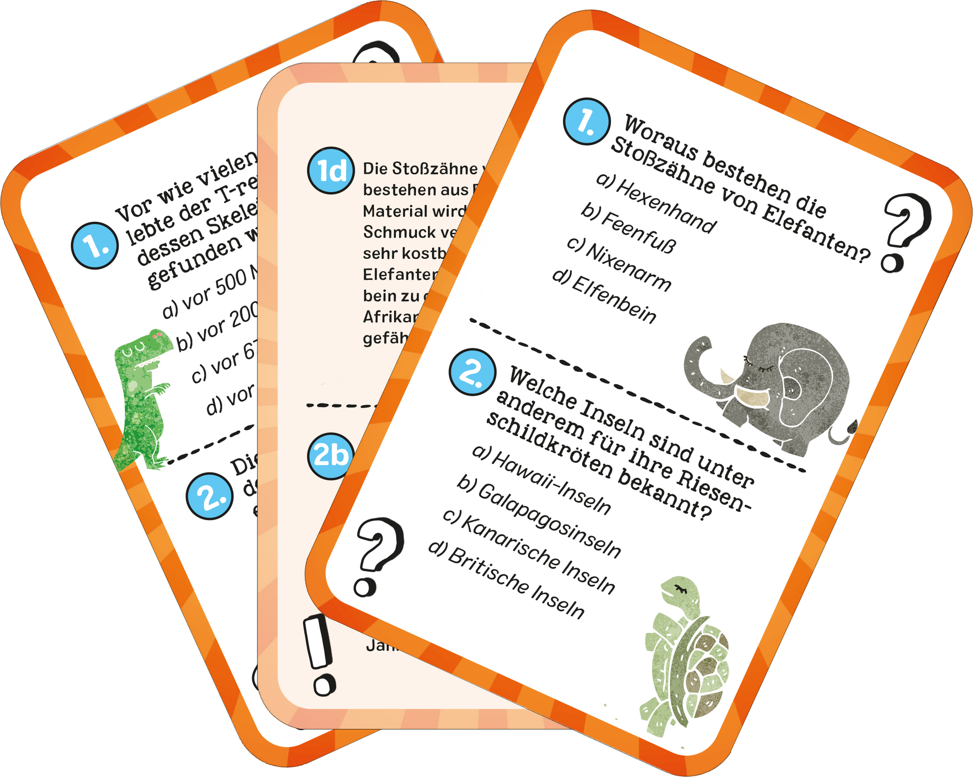 Gezeigt wird eine Innen- oder Zusatzansicht von „Das wilde Tier-Quiz“. Auf der Abbildung sind mehrere Quizkarten zu sehen, die mit bunten Illustrationen von Tieren und Fragen gestaltet sind. Die Karten haben unterschiedliche Farben: orange umrandet für die zentrale Frage und grüne Illustrationen von einem Dinosaurier und einer Schildkröte. Die Typografie ist klar und gut lesbar, mit auffälligen Fragezeichen und Optionen, die in einer übersichtlichen Schriftart dargestellt sind. Die...