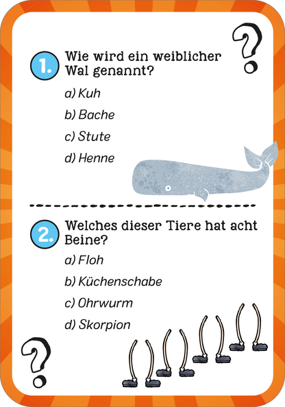 Gezeigt wird eine Innenansicht von „Das wilde Tier-Quiz“. Die Seite präsentiert zwei Fragen in klarer, gut lesbarer Schrift. Die Fragen sind nummeriert und farblich durch orange und grau hervorgehoben. Die erste Frage beschäftigt sich mit einem weiblichen Wal, während die zweite Frage die Anzahl der Beine verschiedener Tiere behandelt. Zu den Antworten sind jeweils Buchstaben a bis d angeordnet, und am unteren Rand sind Illustrationen von Tieren mit acht Beinen abgebildet. Der...