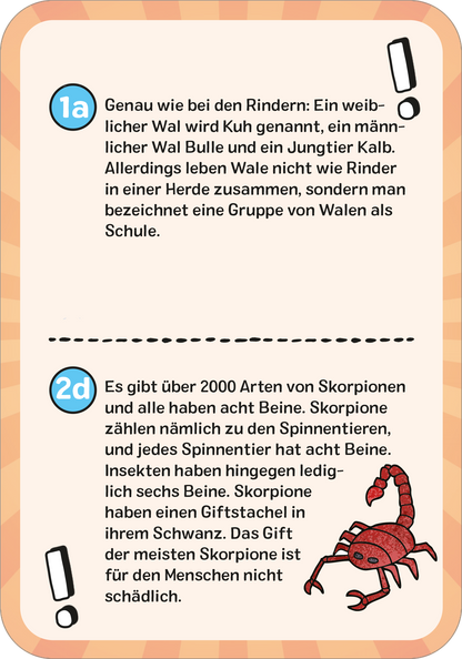 Gezeigt wird eine Innen- oder Zusatzansicht von „Das wilde Tier-Quiz“. Die Karte hat einen orangefarbenen Hintergrund mit einer weicheren, gewellten Struktur. Oben links befindet sich eine blaue Zahlenmarkierung mit der Ziffer „1a“ und einer Erklärblase. Der Text ist in klarer, gut lesbarer Schrift gehalten und beschreibt Wale und Skorpione. Unten rechts ist eine Illustration eines Skorpions in lebendigen Farben platziert. Das Layout ist ansprechend und fördert die Lesbarkeit.