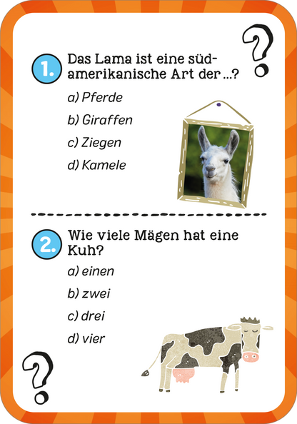 Gezeigt wird eine Innenansicht von „Das wilde Tier-Quiz“. Die Seite ist in lebhaften Farben gestaltet, mit einem orangefarbenen, radierenden Hintergrund. In der oberen Hälfte steht die Frage „Das Lama ist eine süd-amerikanische Art der…?“, gefolgt von vier Antwortmöglichkeiten, die in klaren, schwarzen Buchstaben aufgelistet sind. Links ist ein Bild eines Lamas in einem goldenen Rahmen abgebildet. Die untere Hälfte zeigt die Frage „Wie viele Mägen hat eine Kuh?“ mit vier...