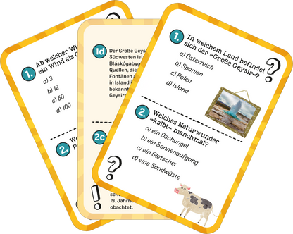 Gezeigt wird eine Innen- oder Zusatzansicht von „Das superstarke Erde-Quiz“. Die Ansicht zeigt mehrere Quizkarten mit einem bunten, kinderfreundlichen Design. Die Karten sind in lebhaftem Gelb und Weiß gehalten, mit klaren, großen Schriftzügen in einer gut lesbaren sans-serif Schriftart. Jede Karte enthält eine Frage und mehrere Antwortmöglichkeiten, die in blauen und schwarzen Buchstaben dargestellt sind. Illustrationen wie ein Geysir und eine Kuh ergänzen die visuellen Elemente und...