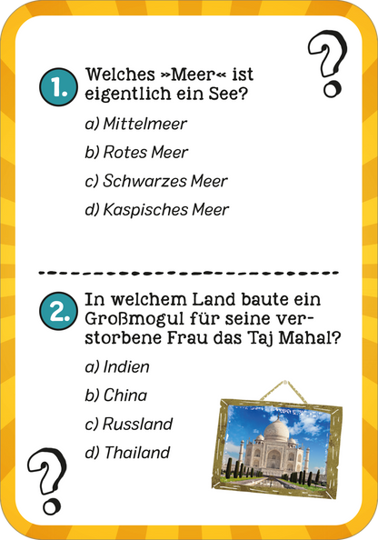 Gezeigt wird eine Innen- oder Zusatzansicht von „Das superstarke Erde-Quiz“. Die Karte hat einen bunten, gelben Hintergrund mit radialen Strahlen, die eine lebendige Atmosphäre schaffen. In schwarzer Schrift sind zwei Fragen aufgeführt, wobei die erste Frage durch eine große, blaue Zahl „1.“ hervorgehoben wird. Antworten sind in Kleinbuchstaben unter der jeweiligen Frage angeordnet. Es gibt eine zweite Frage mit der Zahl „2.“ in blauer Schrift, ergänzt durch ein Bild des Taj...