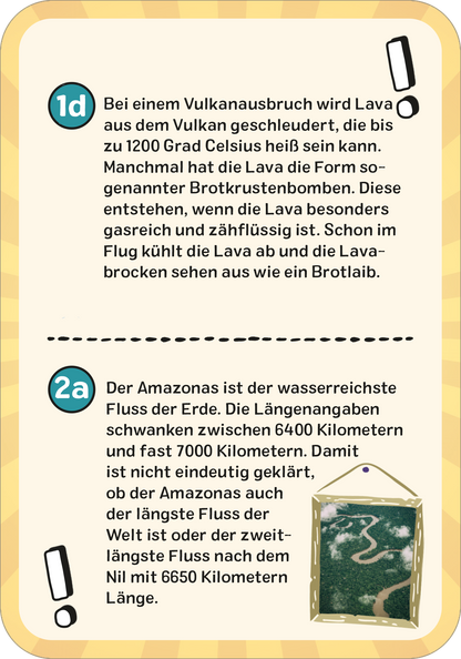 Gezeigt wird eine Innen- oder Zusatzansicht von „Das superstarke Erde-Quiz“. Die Darstellung umfasst zwei Textfelder auf einem hellen, gelb-orangefarbenen Hintergrund. Die Felder sind durch eine horizontale Linie getrennt. Jedes Feld enthält eine nummerierte Frage, die den Inhalt einführt. Links befindet sich ein Ausrufezeichen als grafisches Element, während rechts ein einfaches Symbol in Form eines Rahmens abgebildet ist. Die Schrift ist gut lesbar und in einem klaren, modernen Font...