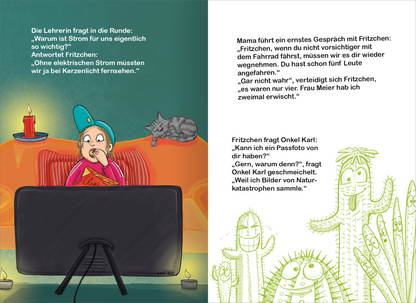 Gezeigt wird eine Innen- oder Zusatzansicht von „Fritzchen-Witze für Erstleser“. Die rechte Seite zeigt humorvolle, handgezeichnete Illustrationen in lebendigen Farben. Links steht ein Junge mit blauer Mütze, der vor einem Fernseher sitzt. Der Hintergrund ist in sanften Grüntönen gehalten, während der Text in klarer, gut lesbarer Schrift vorliegt. Auf der rechten Seite sind lachende Kakteen zu sehen. Die Illustrationen unterstreichen die Witze, die überall auf den Seiten verteilt sind.
