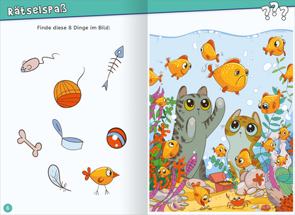 Gezeigt wird eine Innen- oder Zusatzansicht von „Endlich 6 Jahre alt“. Die Seite enthält einen bunten Rätselspaß mit einem aquatischen Thema. Auf der linken Seite sind acht einfache Illustrationen in kräftigen Farben, darunter ein Fisch, eine Wolle und ein Vogel, abgebildet. Auf der rechten Seite tummeln sich orangefarbene Fische, eine Katze und ein Kätzchen, die fröhlich im Wasser spielen. Die Schrift ist klar und gut lesbar, mit einer spielerischen Typografie. Der Hintergrund ist...