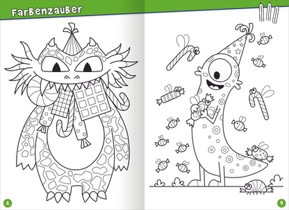 Gezeigt wird eine Innen- oder Zusatzansicht von „Endlich 8 Jahre alt“. Auf der linken Seite ist ein großes, cartoonhaftes Monster abgebildet, das Schokolade in den Händen hält und eine bunte, gescheckte Textur aufweist. Auf der rechten Seite steht eine weitere fröhliche, fantasievolle Kreatur mit einem partyähnlichen Hut, umgeben von Süßigkeiten und kleinen Insekten. Die gesamte Szene ist in schwarz-weiß gehalten, was Anreize zum Ausmalen bietet. Der Titel „FarbenZauber“ ist in...