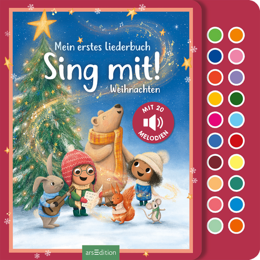 Das Buchcover zeigt eine fröhliche weihnachtliche Szene mit einem Bären, der einen Schal trägt, umgeben von einem Hase, einem Eichhörnchen und zwei Kindern, die Lieder singen. Im Hintergrund steht ein geschmückter Weihnachtsbaum, der mit goldenem Glanz und Schneeflocken verziert ist. Der Titel „Mein erstes Liederbuch Sing mit! Weihnachten“ ist in verspielter, weißer Schrift oben platziert. Ein roter Button mit „MIT 20 MELODIE“ ist deutlich sichtbar. Ganz unten mittig steht der...