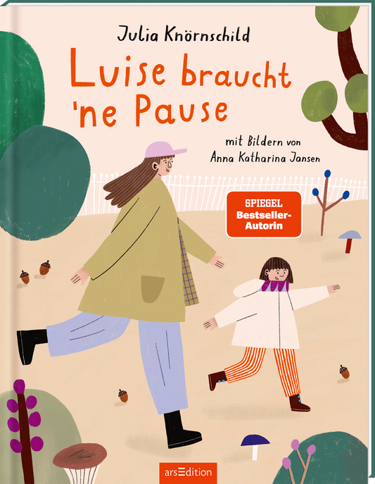 Das Buchcover zeigt eine fröhliche, illustrierte Szene im Freien. Im Vordergrund sind eine Frau mit braunen Haaren, die eine lila Mütze und einen beigen Mantel trägt, sowie ein kleines Mädchen in einer weißen Jacke und karierten Hosen zu sehen. Der Hintergrund ist in sanften Grüntönen gehalten, mit stilisierten Bäumen und bunten Pflanzen. Der Titel „Luise braucht 'ne Pause“ ist in verspielter, orangefarbener Schrift zu sehen. Ein roter Button mit dem Text „SPIEGEL...