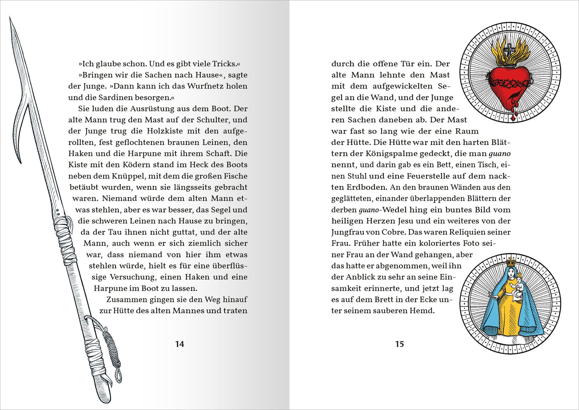 Gezeigt wird eine Innen- oder Zusatzansicht von „Der alte Mann und das Meer“. Die Seite präsentiert eine zweispaltige Anordnung mit handgezeichneten Illustrationen, die eine Harpune und verschiedene maritime Elemente zeigen. Die Farben sind überwiegend in gedeckten Tönen gehalten, ergänzt durch akzentuierte Zeichnungen in kräftigen Farben. Der Text ist in einer klaren, serifenlosen Typografie gesetzt, die gut lesbar ist, und weist eine deutliche Trennung zwischen den einzelnen...