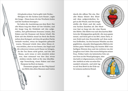 Gezeigt wird eine Innen- oder Zusatzansicht von „Der alte Mann und das Meer“. Die Seite präsentiert eine zweispaltige Anordnung mit handgezeichneten Illustrationen, die eine Harpune und verschiedene maritime Elemente zeigen. Die Farben sind überwiegend in gedeckten Tönen gehalten, ergänzt durch akzentuierte Zeichnungen in kräftigen Farben. Der Text ist in einer klaren, serifenlosen Typografie gesetzt, die gut lesbar ist, und weist eine deutliche Trennung zwischen den einzelnen...