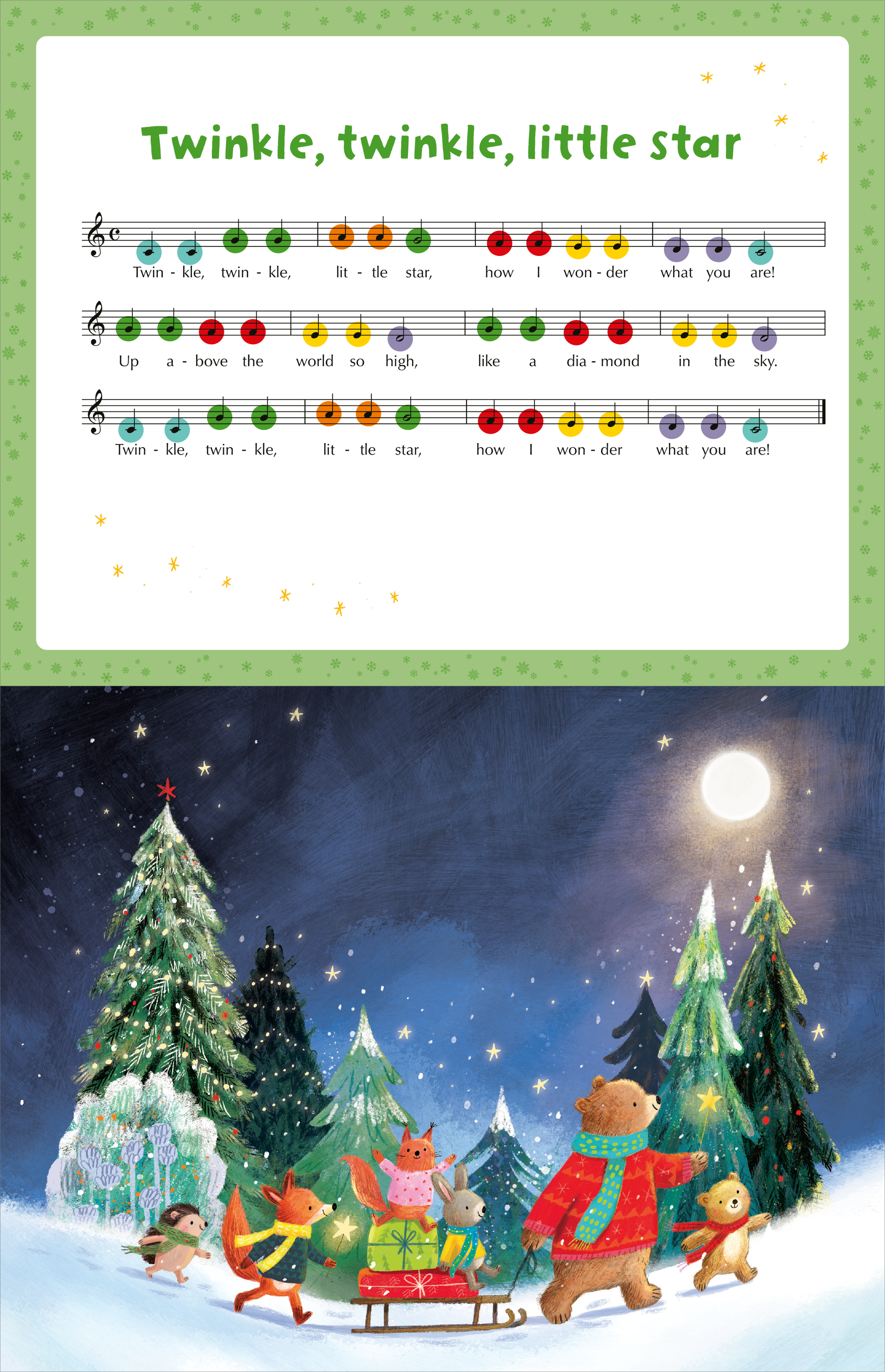 Gezeigt wird eine Innen- oder Zusatzansicht von „Mein Winter-Klavierbuch“. Oben steht der Text „Twinkle, twinkle, little star“ in großer, gelber Schrift auf grünem Hintergrund. Darunter sind Notenlinien mit bunten Noten in rot, orange, gelb, grün und blau angeordnet. Im unteren Bildbereich sind fröhliche Tiere, darunter ein Bär, der ein Geschenk hält, umgeben von verschneiten Tannenbäumen, unter einem klaren Nachthimmel mit einem großen, leuchtenden Mond.