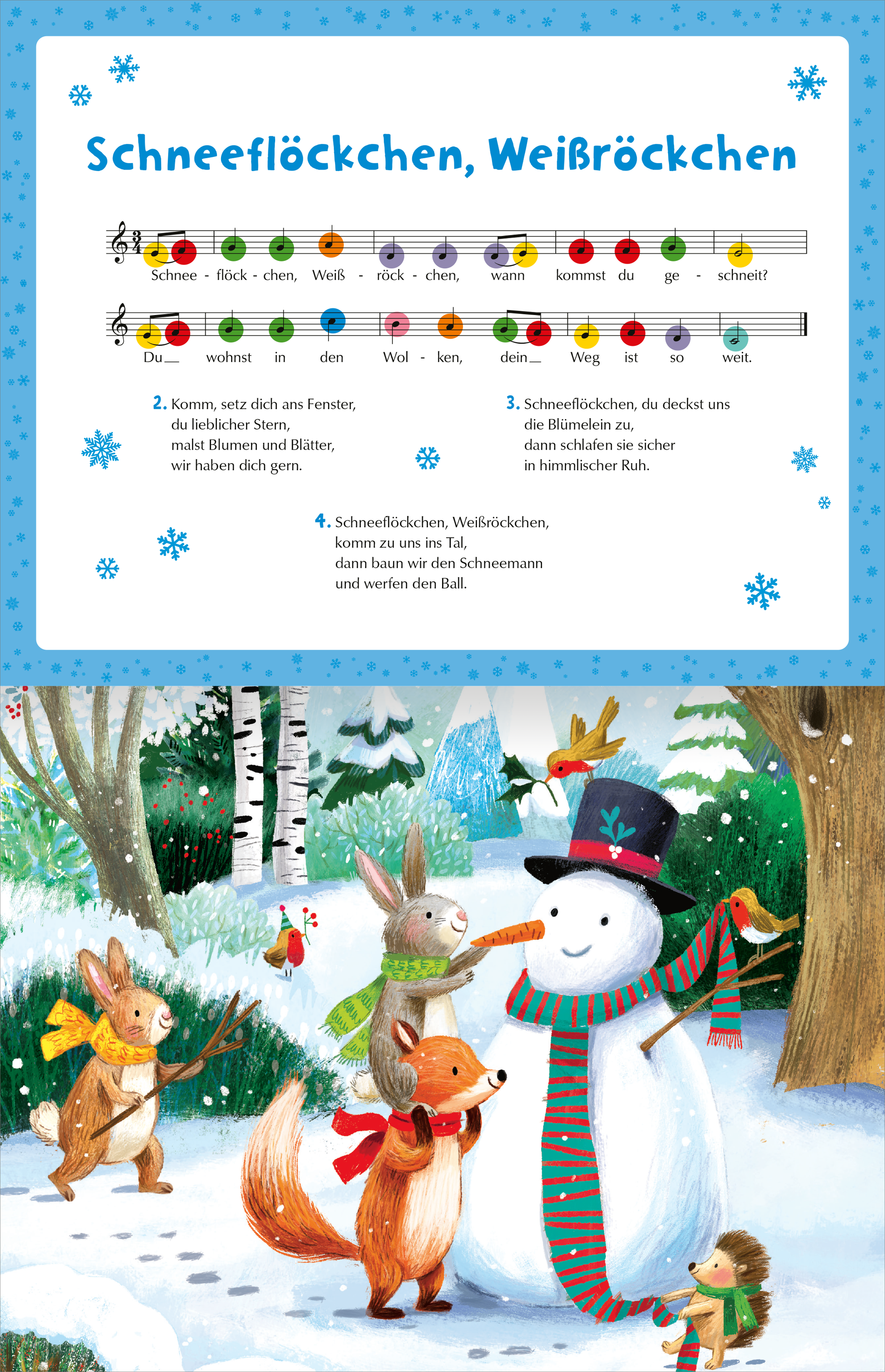 Gezeigt wird eine Innen- oder Zusatzansicht von „Mein Winter-Klavierbuch“. Auf der Seite ist der Liedtext „Schneeflöckchen, Weißröckchen“ in großer, gut lesbarer Schrift in Blau abgedruckt, umrahmt von einem hellblauen Hintergrund mit weißen Schneeflockenmotiven. Über dem Text befindet sich eine Notenlinie mit bunten, farbigen Noten und farblich markierten Bestandteilen. Unterhalb des Textes ist eine fröhliche Winterillustration, die einen Schneemann mit einem bunten Schal zeigt,...