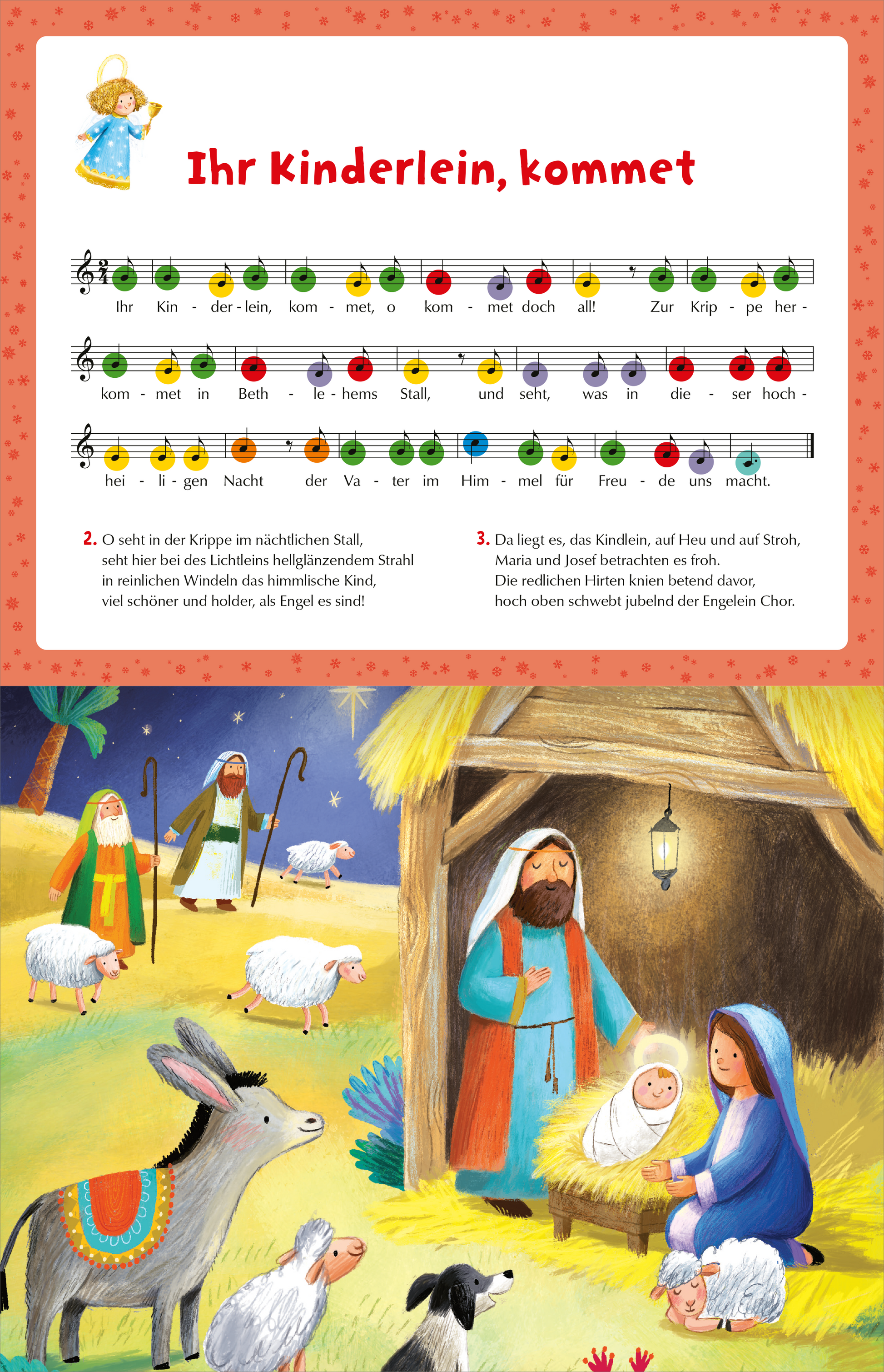 Gezeigt wird eine Innen- oder Zusatzansicht von „Mein Winter-Klavierbuch“. Die Seite zeigt das Lied „Ihr Kinderlein, kommet“ in einer bunten Notation. Der obere Bereich enthält den Liedtext in roter Großschrift auf orangefarbenem Hintergrund. Darunter ist eine illustrierte Szene mit einem Stall, in der eine Familie und Schafe abgebildet sind. Die Figuren sind in sanften Farben gestaltet, der Stil ist kindgerecht und freundlich, was zur festlichen Atmosphäre des Winters passt.