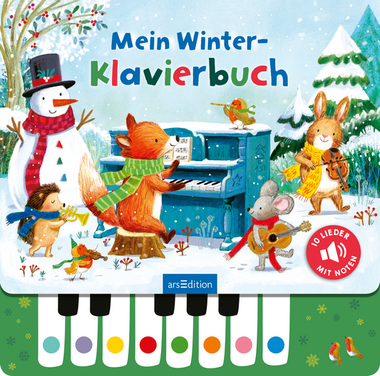 Das Cover zeigt eine winterliche Szenerie mit einem fröhlichen Schneemann, einem schläfrigen Eichhörnchen am Klavier, sowie anderen Tieren, die musizieren. Die Farben sind lebhaft, mit kühlen Blau- und Grüntönen, die die winterliche Stimmung unterstreichen. Der Titel „Mein Winter-Klavierbuch“ ist in bunten, verspielten Buchstaben oben platziert. Auf der rechten Seite befindet sich ein rotes Feld mit „10 Lieder mit Noten“. Ganz unten mittig steht der Logoschriftzug von arsEdition.
