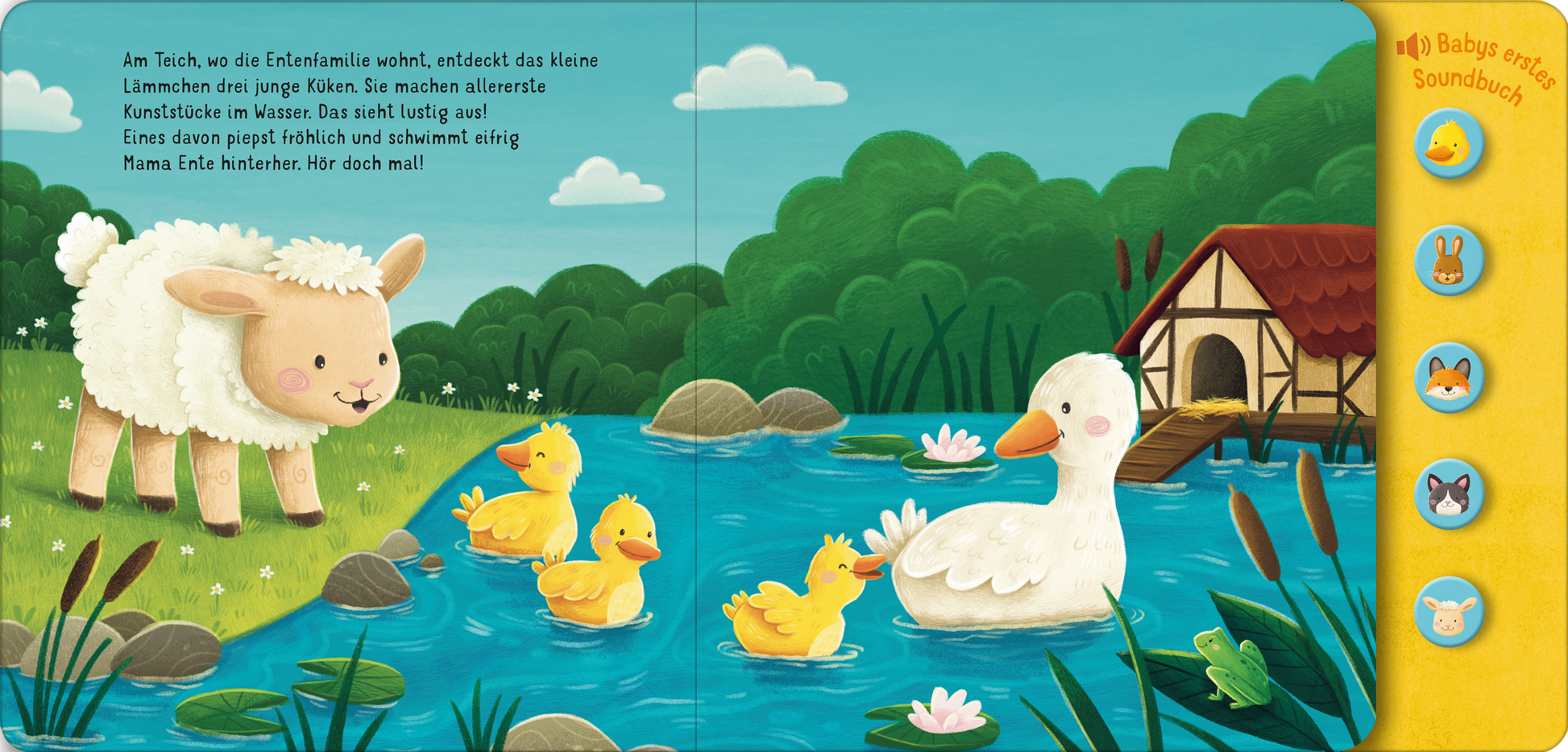 Gezeigt wird eine Innen- oder Zusatzansicht von „Hör mal, so klingen die Tierkinder!“. Die Illustration zeigt ein niedliches, weißes Schaf am Ufer eines kleinen Gewässers, umgeben von bunten Entenküken und einer Ente. Rechts ist ein gemütliches, kleines Haus mit rotem Dach sichtbar, während im Hintergrund grüne Hügel und auffällige Wolken den Himmel schmücken. Die Farbpalette ist hell und freundlich, mit sanften Pastelltönen. Der Text ist in klarer, leicht lesbarer Schrift...