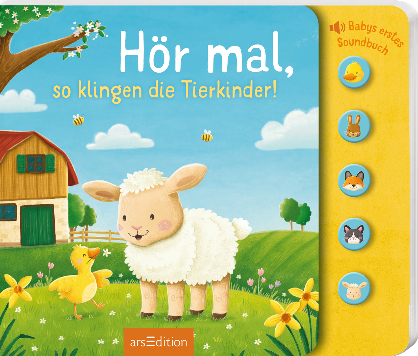 Das Buchcover zeigt ein fröhliches, helles Szenario mit einem niedlichen, lachenden Schaf und einem Entenküken, die im Vordergrund stehen. Im Hintergrund sind eine grüne Wiese und ein rotes Bauernhaus unter einem blauen Himmel mit weißen Wolken zu sehen. Der Titel „Hör mal, so klingen die Tierkinder!“ ist in fröhlicher, gelber Schrift platziert. Oben rechts befindet sich der Hinweis „Babys erstes Soundbuch“. Rechts sind farbige Tasten abgebildet, die verschiedene Tiergeräusche...