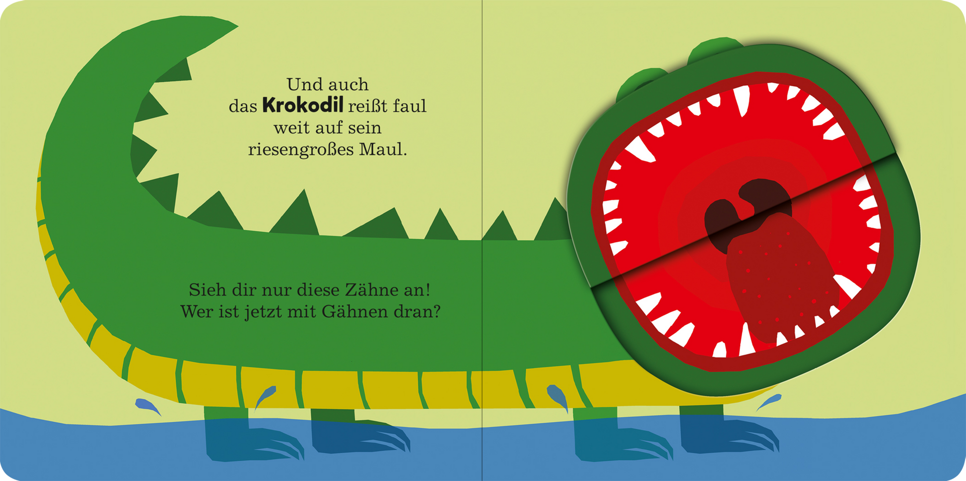 Gezeigt wird eine Innen- oder Zusatzansicht von „Alle müssen gähnen“. Die Illustration zeigt ein buntes Krokodil in kräftigen Farben von Grün und Rot. Das Maul des Krokodils ist weit geöffnet, um seine großen, spitzen Zähne zu präsentieren. Über dem Krokodil steht in größeren, grünen Buchstaben der Text: „Und auch das Krokodil reißt faul weit auf sein riesengroßes Maul.“ Unten steht in kleinerer Schrift: „Sieh dir nur diese Zähne an! Wer ist jetzt mit Gähnen dran?“