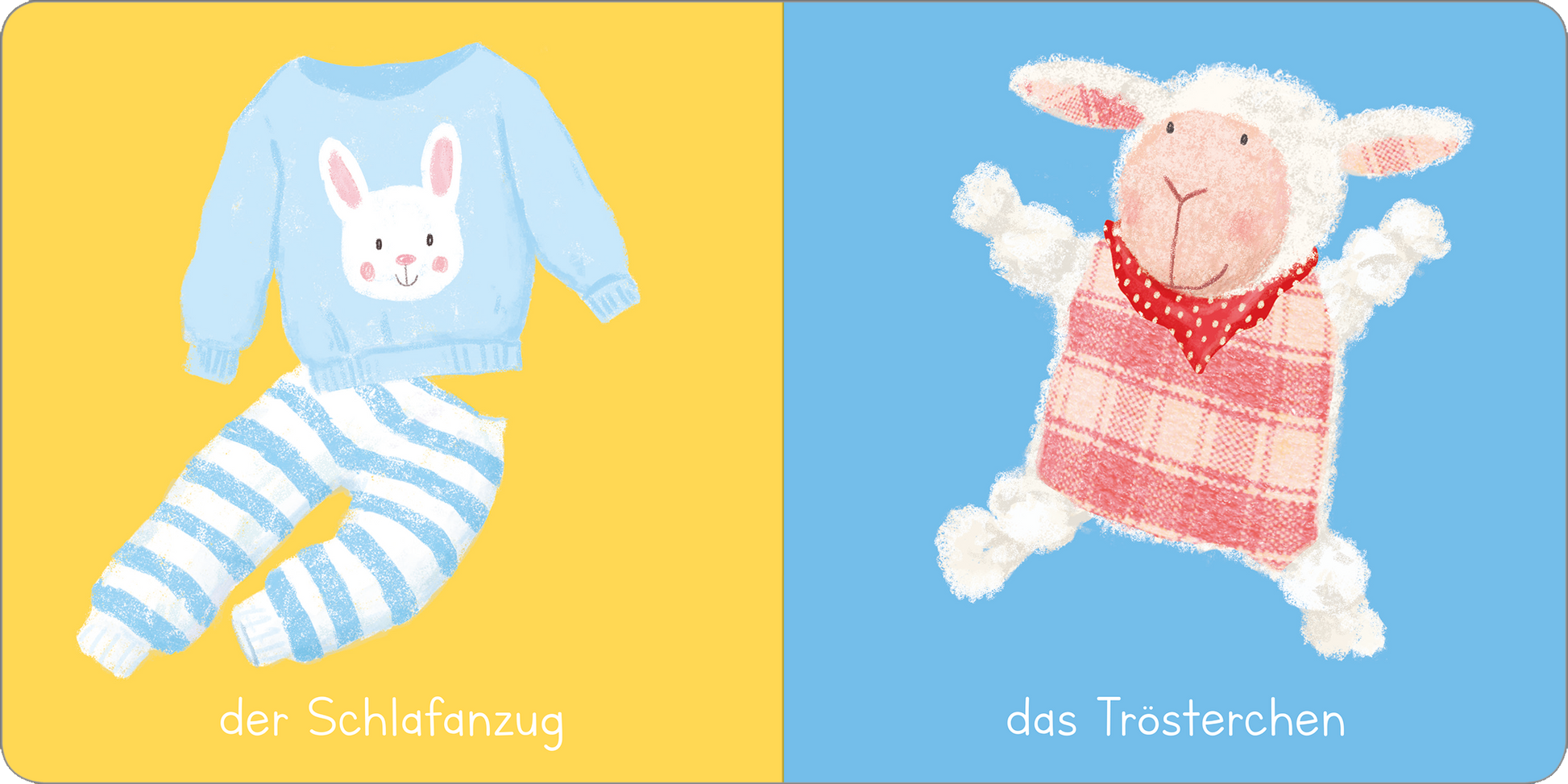 Gezeigt wird eine Innen- oder Zusatzansicht von „Gute Nacht“. Auf der linken Seite befindet sich ein blauer Schlafanzug mit einem Hasenmotiv, umgeben von gelbem Hintergrund. Auf der rechten Seite ist ein weißes Schaf dargestellt, das ein kariertes, rotes Tuch trägt, vor einem hellblauen Hintergrund. Die Typografie ist verspielt und einfach gehalten, mit den Schriftzügen „der Schlafanzug“ und „das Trostertchen“ in weißer Farbe.
