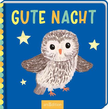 Auf dem Buchcover ist eine niedliche Eule mit runden Augen und einem sanften Gefieder abgebildet, die auf einem tiefblauen Hintergrund sitzt. Um die Eule leuchten gelbe und hellblaue Sterne, die eine beruhigende Atmosphäre erzeugen. Der Titel „GUTE NACHT“ ist in bunten, kindgerechten Buchstaben oberhalb der Eule platziert. Unten mittig ist ein gelber Button sichtbar, der auf einen SPIEGEL-Bestseller hinweist. Ganz unten mittig steht der Logoschriftzug von arsEdition.