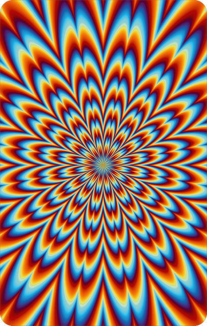 Gezeigt wird eine Innen- oder Zusatzansicht von „Science und Kids – Optische Täuschungen“. Die Grafik präsentiert ein dynamisches Muster, das aus schimmernden, spiralenähnlichen Formen in kräftigen Farben besteht. Es dominieren lebendige Blau- und Rottöne, die in einem hypnotischen Verlauf angeordnet sind. Die Typografie ist bold und modern, passend zu dem fesselnden und spielerischen Thema des Buches.