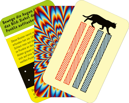 Gezeigt wird eine Innen- oder Zusatzansicht von „Science und Kids – Optische Täuschungen“. Die Abbildung zeigt drei bunte Karten mit unterschiedlichen visuellen Effekten. Eine Karte hat ein hypnotisches Muster in kräftigen Blau-, Rot- und Gelbtönen. Die zweite Karte zeigt drei unterschiedlich gestaltete Linien in rot und blau auf einem hellen Hintergrund. Die dritte Karte enthält einen Text auf gelbem Hintergrund und ein schwarz-weißes Katzensymbol. Die Typografie ist klar und gut...