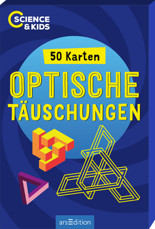Auf dem Buchcover „Optische Täuschungen“ aus der Reihe Science & Kids dominiert ein tiefblauer Hintergrund mit spiralförmigen Mustern. Im Mittelpunkt befindet sich ein hellblauer Kreis, in dem der Text „50 Karten“ in einem gelben, rechteckigen Kasten steht. Darunter ist der Titel „OPTISCHE TÄUSCHUNGEN“ in großen, gelben Buchstaben platziert. Geometrische Figuren in leuchtenden Farben – Rot, Gelb und Blau – befinden sich im Vordergrund. Ganz unten mittig steht der...