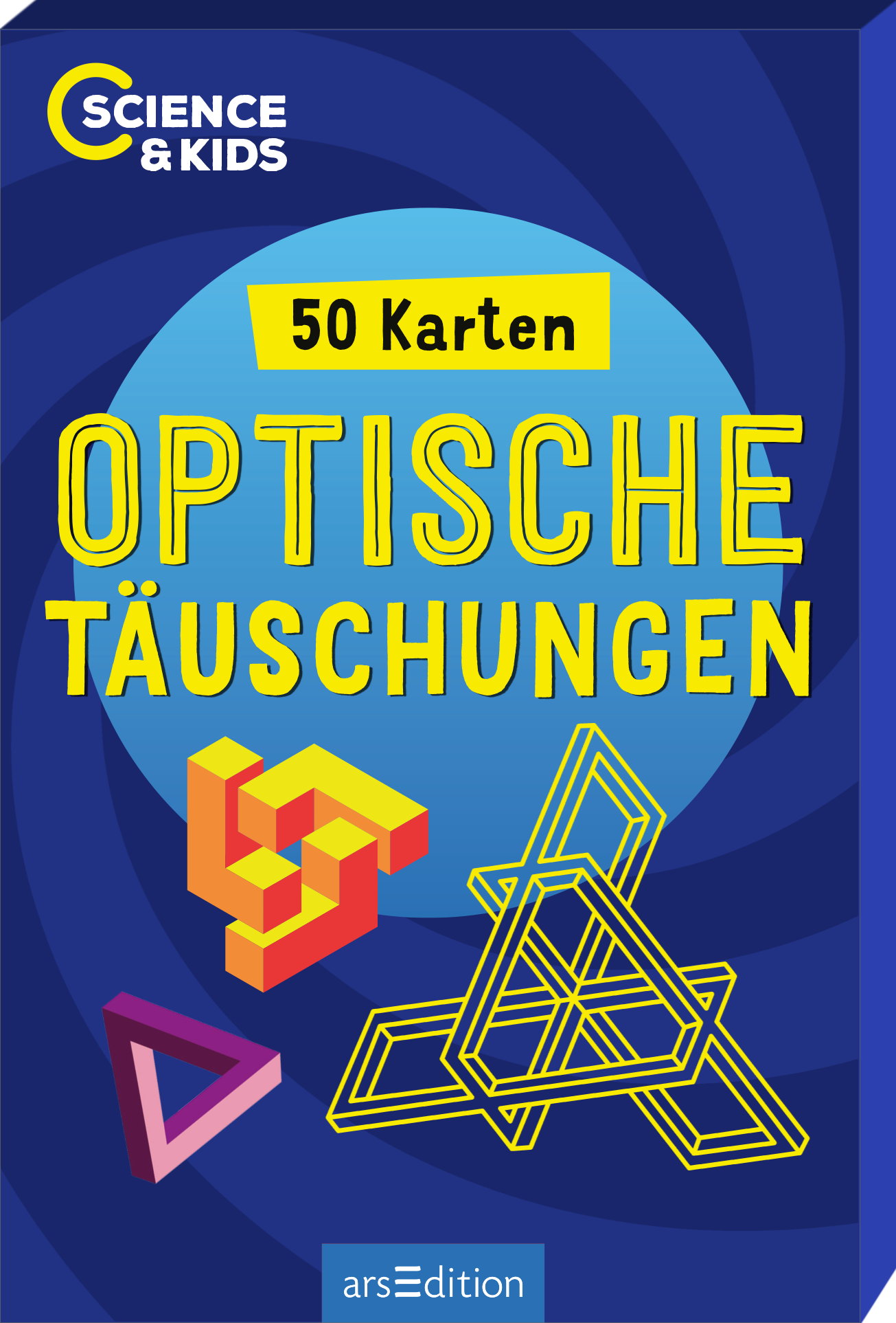 Auf dem Buchcover „Optische Täuschungen“ aus der Reihe Science &amp; Kids dominiert ein tiefblauer Hintergrund mit spiralförmigen Mustern. Im Mittelpunkt befindet sich ein hellblauer Kreis, in dem der Text „50 Karten“ in einem gelben, rechteckigen Kasten steht. Darunter ist der Titel „OPTISCHE TÄUSCHUNGEN“ in großen, gelben Buchstaben platziert. Geometrische Figuren in leuchtenden Farben – Rot, Gelb und Blau – befinden sich im Vordergrund. Ganz unten mittig steht der...