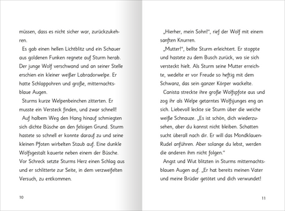 Gezeigt wird eine Innenansicht von „Auf magischen Pfoten – Flauschige Weihnachten“. Die Seite ist in sanften Farbtönen gehalten, dominiert von einem hellen Hintergrund, der eine freundliche Atmosphäre schafft. Der Text ist in einer gut lesbaren, serifenlosen Typografie gestaltet, die den Lesefluss unterstützt. Zentrale Elemente umfassen eine spannende Erzählung über einen jungen Wolf und seine Abenteuer, was durch eine ansprechende Bildkomposition unterstützt wird. Illustrationen am...