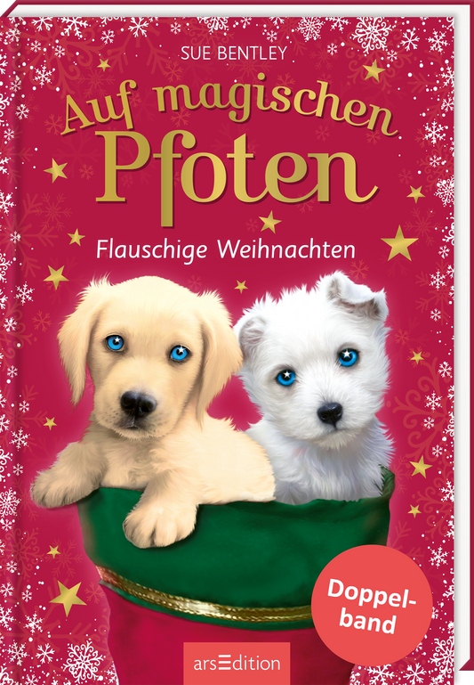 Das Buchcover zeigt zwei süße Welpen, einen hellen und einen weißen, die in einem grünen Sack sitzen. Der Hintergrund ist in einem warmen Rotton gehalten und mit weißen Schneeflocken und goldenen Sternen verziert, was eine festliche Atmosphäre schafft. Der Titel „Auf magischen Pfoten“ ist in großen, geschwungenen, goldenen Buchstaben oben platziert, während darunter der Zusatz „Flauschige Weihnachten“ in kleinerer Schrift steht. Ein Button mit dem Text „Doppelband“ ist auch...