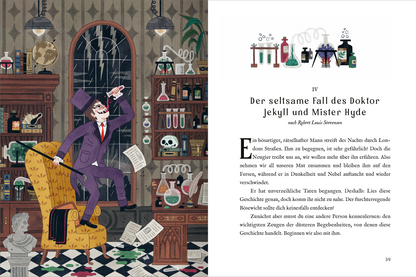 Gezeigt wird eine Innen- oder Zusatzansicht von „Die besten Gruselklassiker“. Auf der linken Seite ist eine illustrierte Szene mit einem Wissenschaftler zu sehen, der einen Körper auf einem Tisch untersucht, umgeben von Laborgeräten und Gläsern. Die Farbpalette ist düster mit Tönen von Braun, Grün und Schwarz. Die rechte Seite zeigt den Titel „Frankenstein“ in klarer, großer Schrift. Der Text ist in einer gut lesbaren Serifenschrift gestaltet, die sich vom Hintergrund abhebt.
