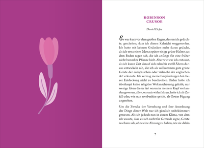 Gezeigt wird eine Innen- oder Zusatzansicht von „Die kleine Bibliothek der positiven Gefühle: Dankbarkeit“. Die Seite präsentiert einen lila Hintergrund mit einer stilisierten, rosa Blume auf der linken Seite. Rechts befindet sich der Text „ROBINSON CRUSOE“ in einer klaren, modernen Schriftart, gefolgt vom Namen des Autors, Daniel Defoe. Die typografische Gestaltung ist übersichtlich und gut lesbar, die Farbkombination unterstützt die positive Stimmung des Themas Dankbarkeit.