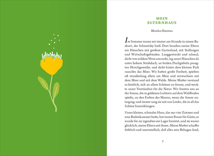 Gezeigt wird eine Innen- oder Zusatzansicht von „Die kleine Bibliothek der positiven Gefühle: Glück“. Die Seite hat einen frischen, grünlichen Hintergrund, auf dem eine stilisierte gelbe Blume mit grünen Blättern abgebildet ist. Der Text ist in klarer, gut lesbarer Schriftart gehalten und hebt sich in dunklerem Schwarz vom Hintergrund ab. Die Überschrift „MEIN ELTERNHAUS“ steht prominent am oberen Rand, gefolgt vom Namen der Autorin in kleinerer Schrift. Ein harmonisches Layout...